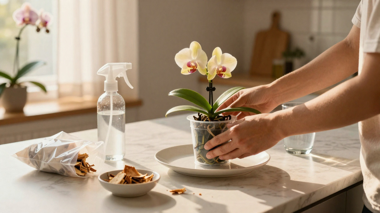 Pessoa cuidando de orquídea em vaso transparente sobre bancada com borrifador e substrato.