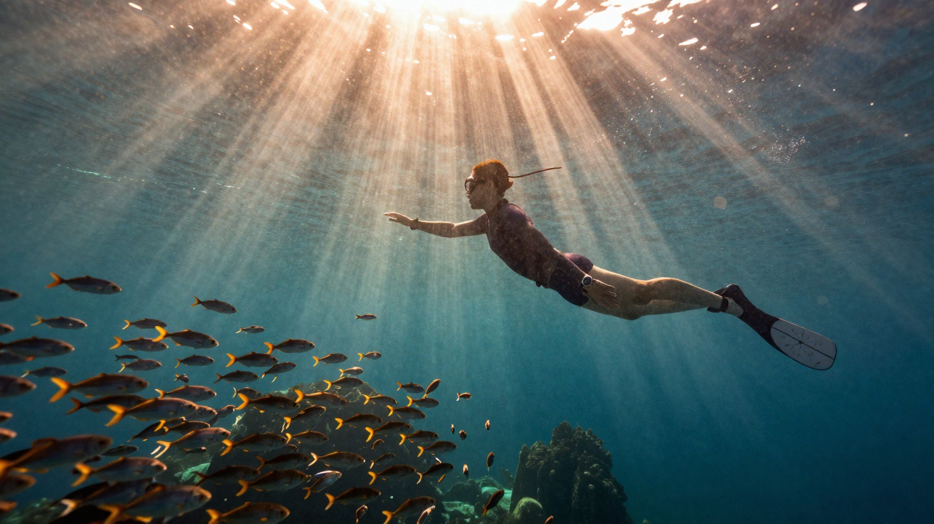 Mergulhador com snorkel explora cardume de peixes sob raios de sol no oceano azul.