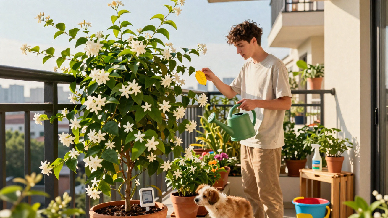 Jovem regando plantas em varanda ensolarada enquanto cachorro observa.