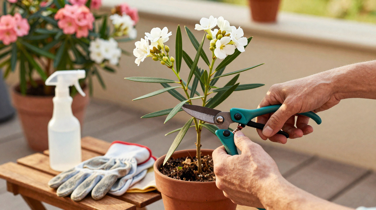 Pessoa podando planta com flores brancas em vaso de barro em varanda ensolarada.