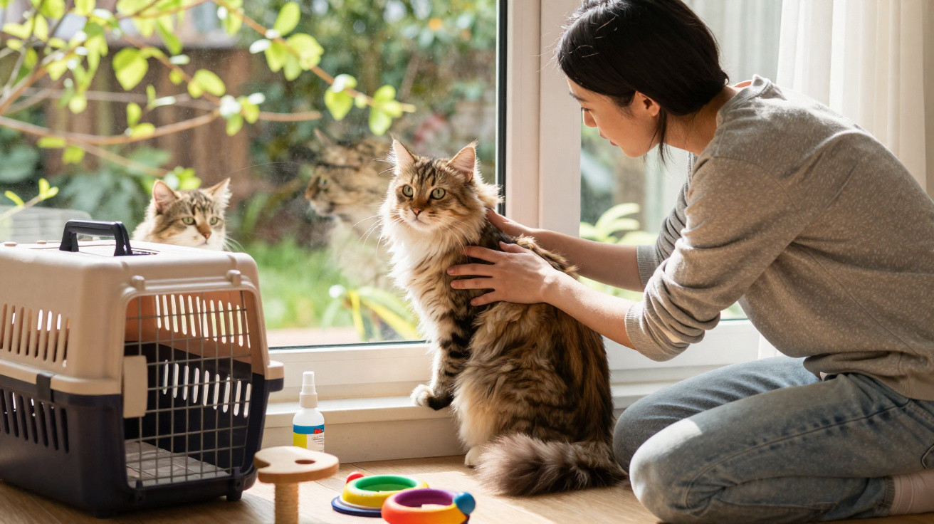 Pessoa acariciando gato ao lado de gaiola para transporte de animais domésticos perto de janela.
