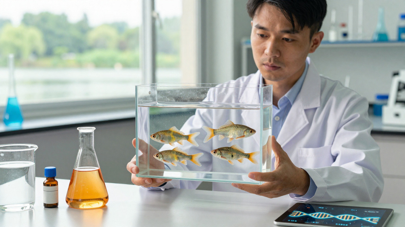 Cientista analisando tanque com peixes dourados em laboratório com frascos e tablet na mesa.