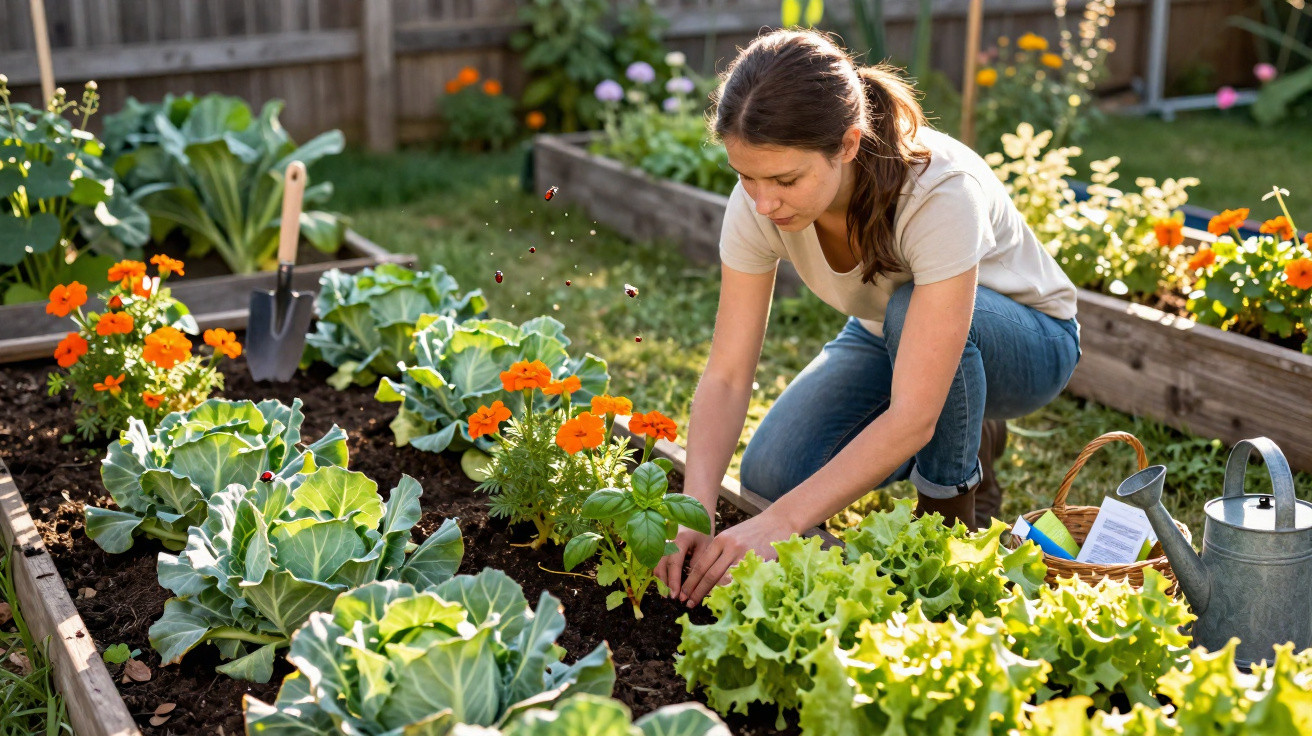 Mulher cuidando de plantas e verduras em canteiro elevado de jardim sob luz solar.