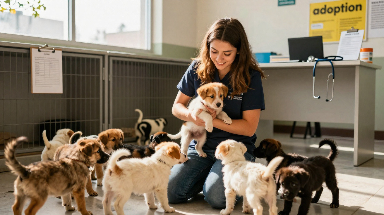 Mulher sorrindo segurando filhote de cachorro em abrigo com outros filhotes ao redor.
