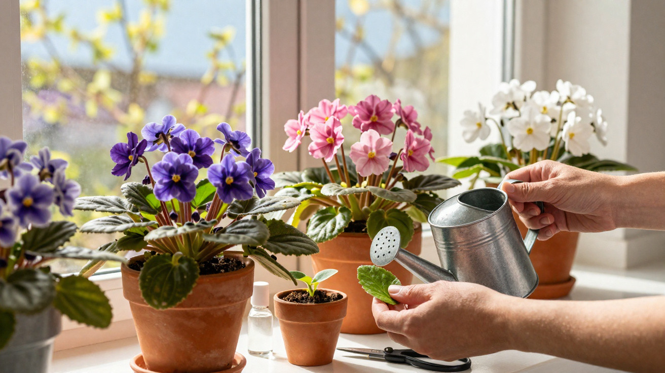 Pessoa regando flor violeta roxa com regador em vasos de plantas sobre peitoril de janela iluminada.