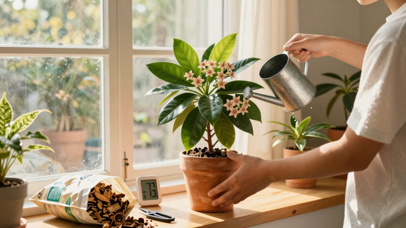 Pessoa regando planta com regador metálico em vaso de barro próximo à janela iluminada pela luz natural.