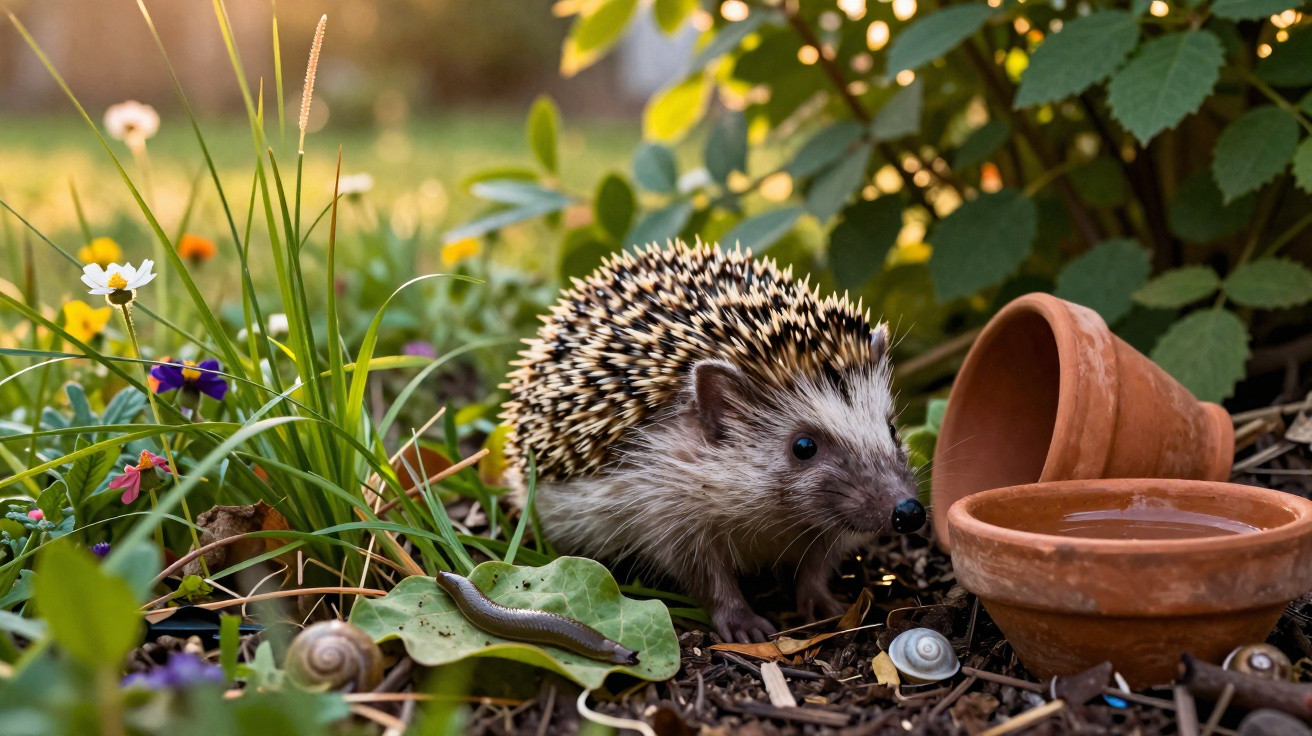 Ouriço-cacheiro entre plantas, próximo de vasos de barro com água e caramujos no chão do jardim.