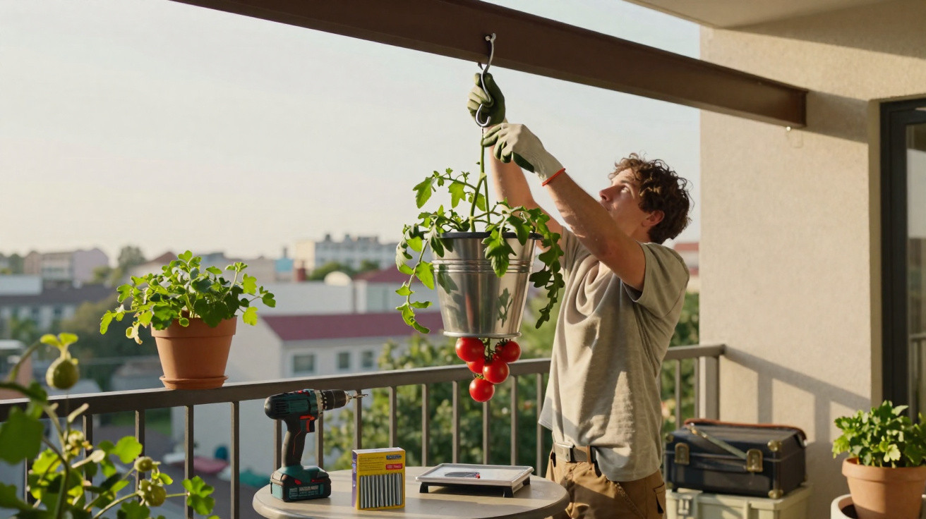 Homem pendura vaso com planta e tomates em varanda ensolarada, com ferramentas na mesa próxima.