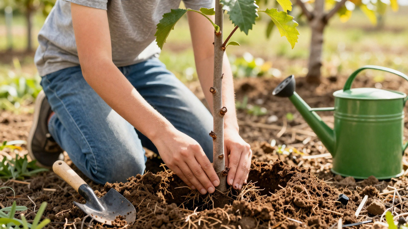 Pessoa plantando uma muda de árvore jovem no solo com regador verde e pá ao lado.
