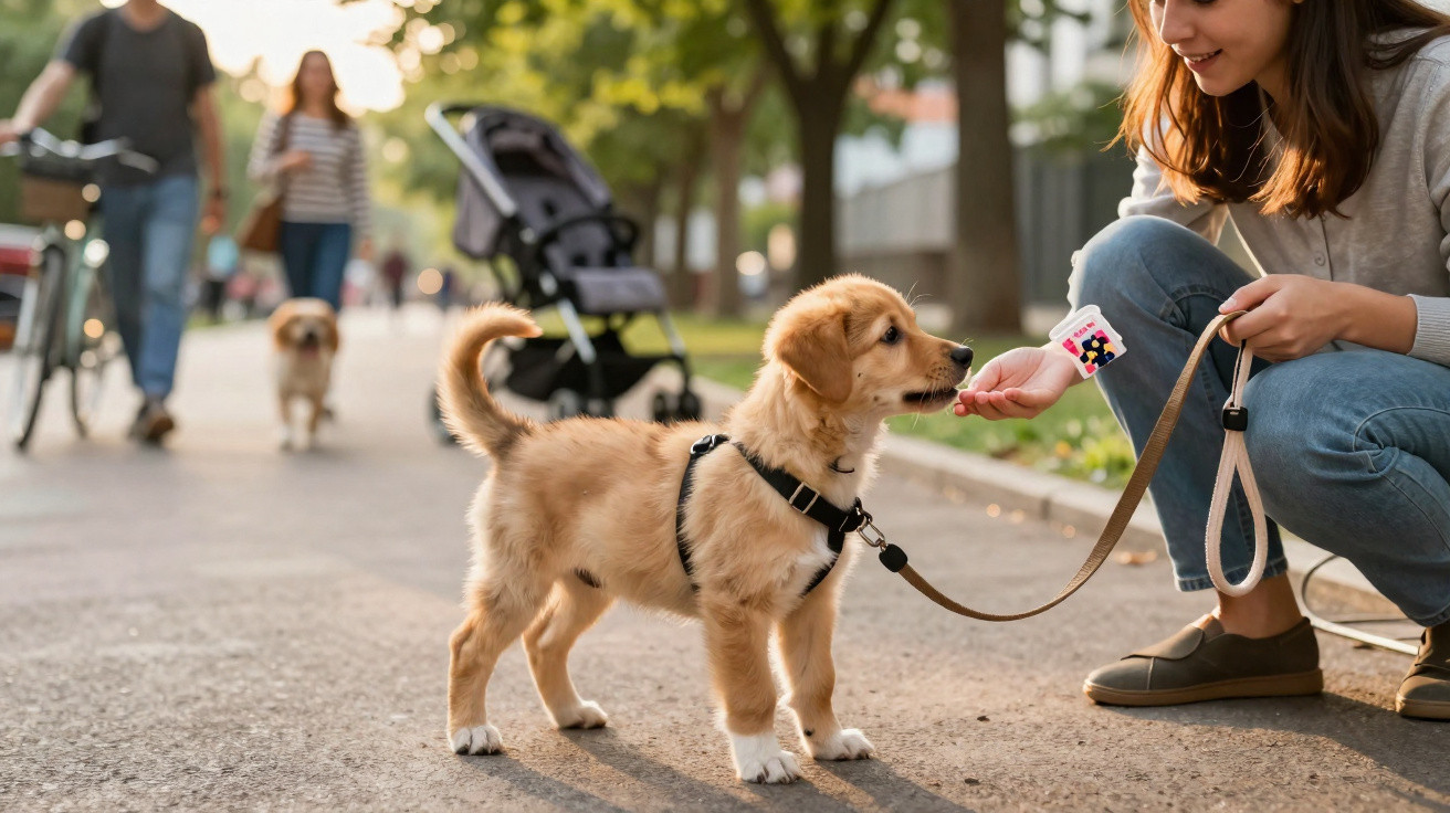 Cachorro filhote usando coleira, recebendo petisco de pessoa agachada em parque com outras pessoas ao fundo.