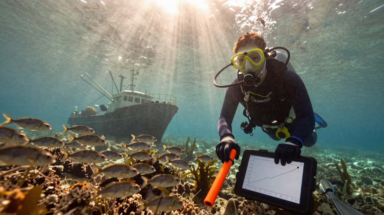 Mergulhador com equipamento cheio anota dados em tablet sob a água, com cardume e barco ao fundo.