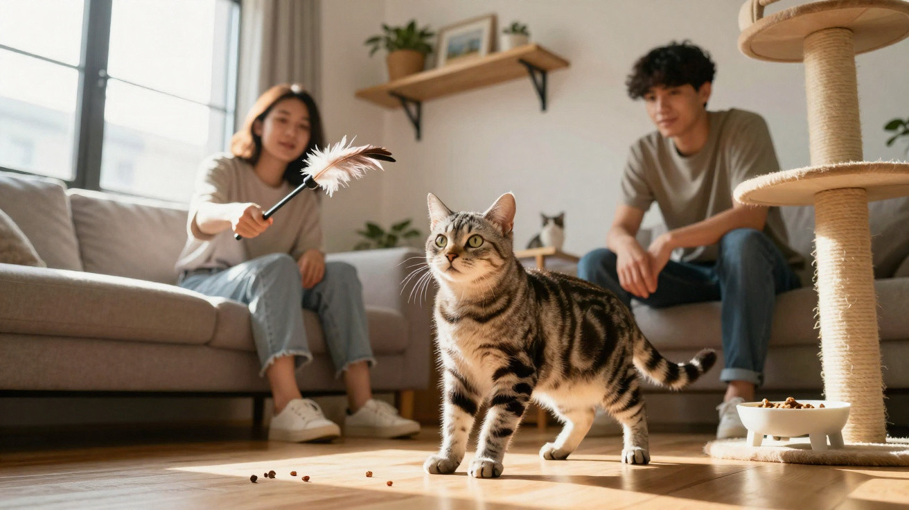 Casal brincando com gato com brinquedo de pena em sala iluminada por luz natural.
