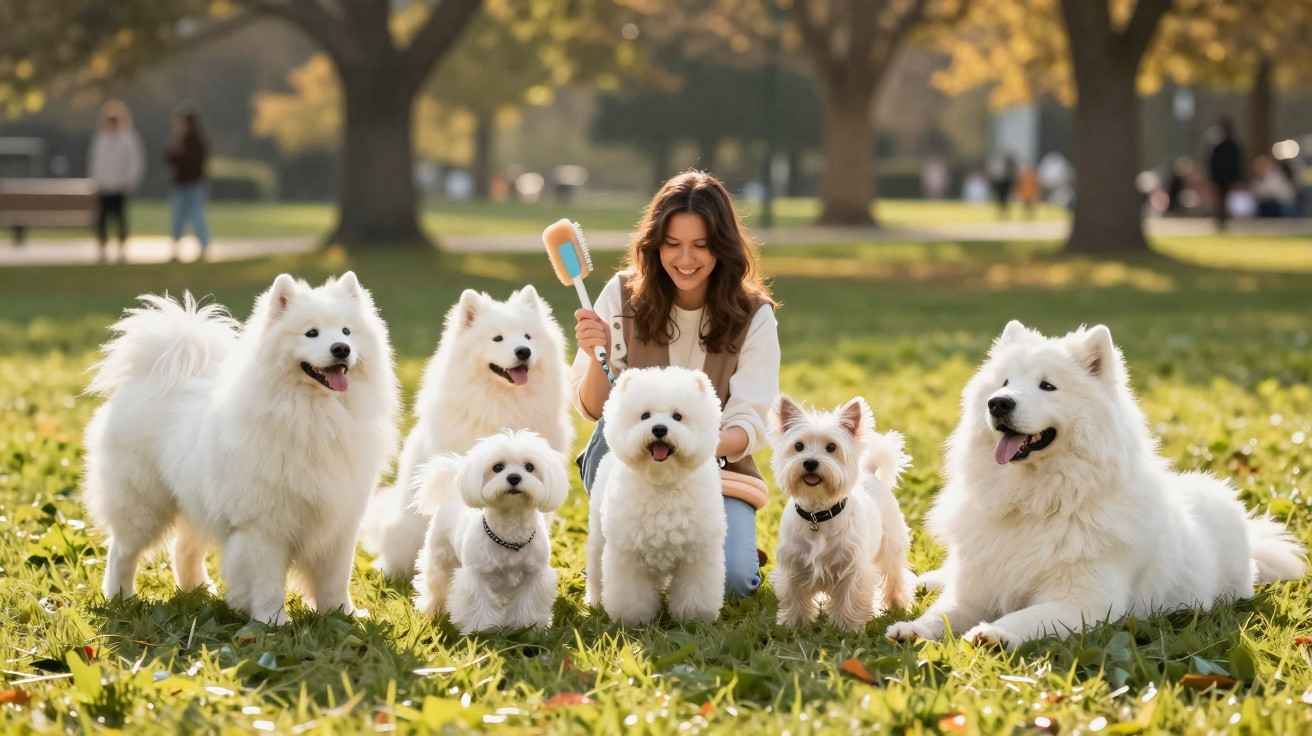Mulher sorridente com seis cachorros brancos de diferentes raças sentados e em pé em gramado no parque.