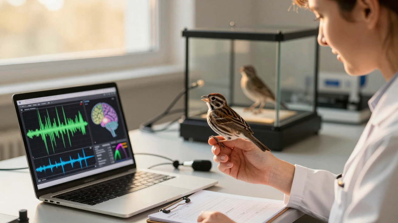 Pesquisadora segura pássaro para estudo cognitivo com gráficos cerebrais exibidos em laptop ao fundo.