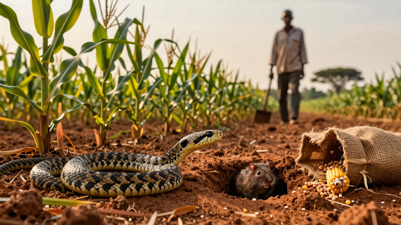 Cobra enrolada no chão perto de rato saindo da toca com espigas de milho e homem ao fundo na plantação.