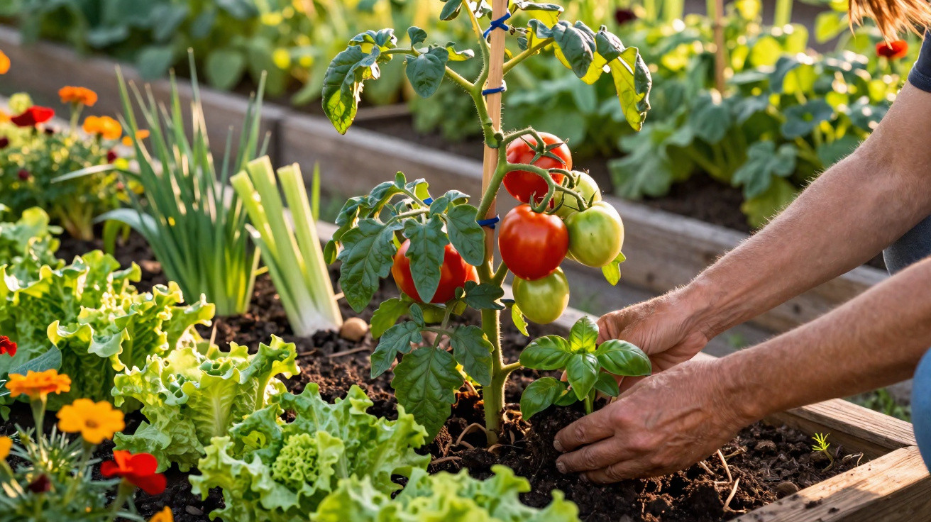 Pessoa plantando manjericão em canteiro com tomateiros e hortaliças em cultivo urbano.