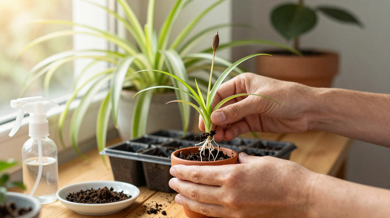 Pessoa transplantando muda de planta com raízes em vaso pequeno sobre mesa de madeira.