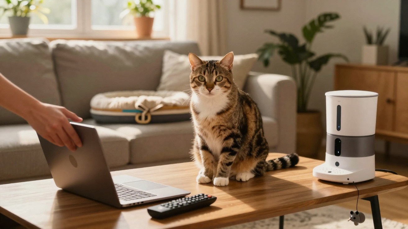 Gato deitado em mesa de madeira com controle remoto, notebook e bebedouro automático em sala iluminada.
