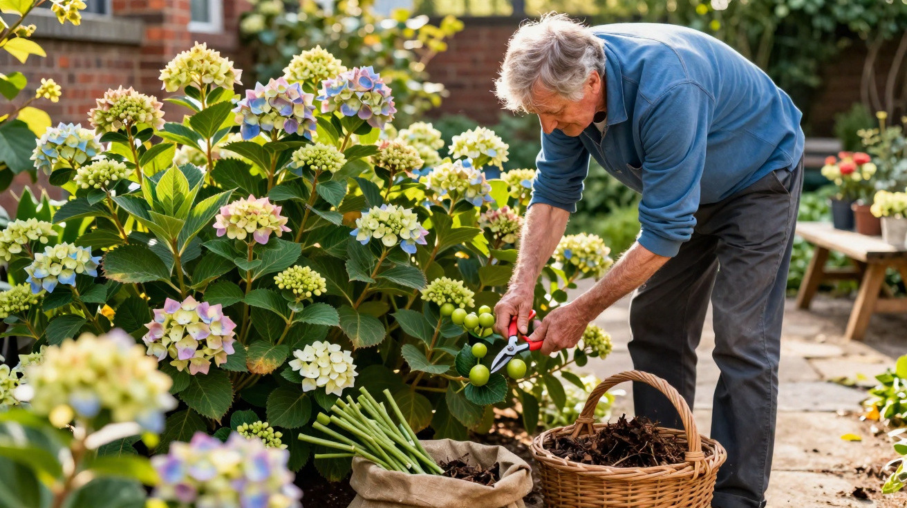 Homem idoso podando planta de flores coloridas em jardim ensolarado, com cesto e saco ao lado.