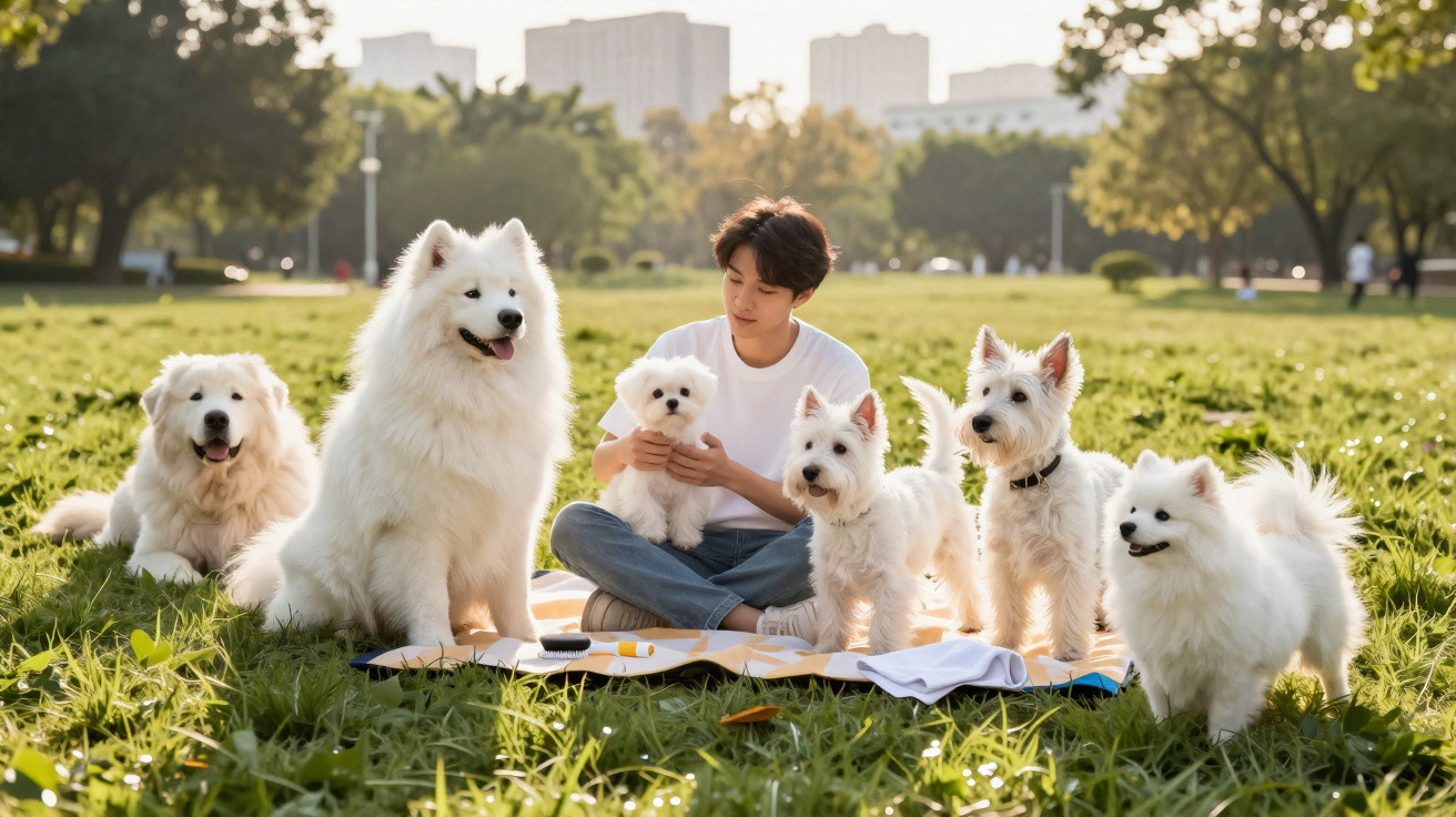 Pessoa sentada em parque cercada por seis cães de diferentes raças, todos brancos, em dia ensolarado.