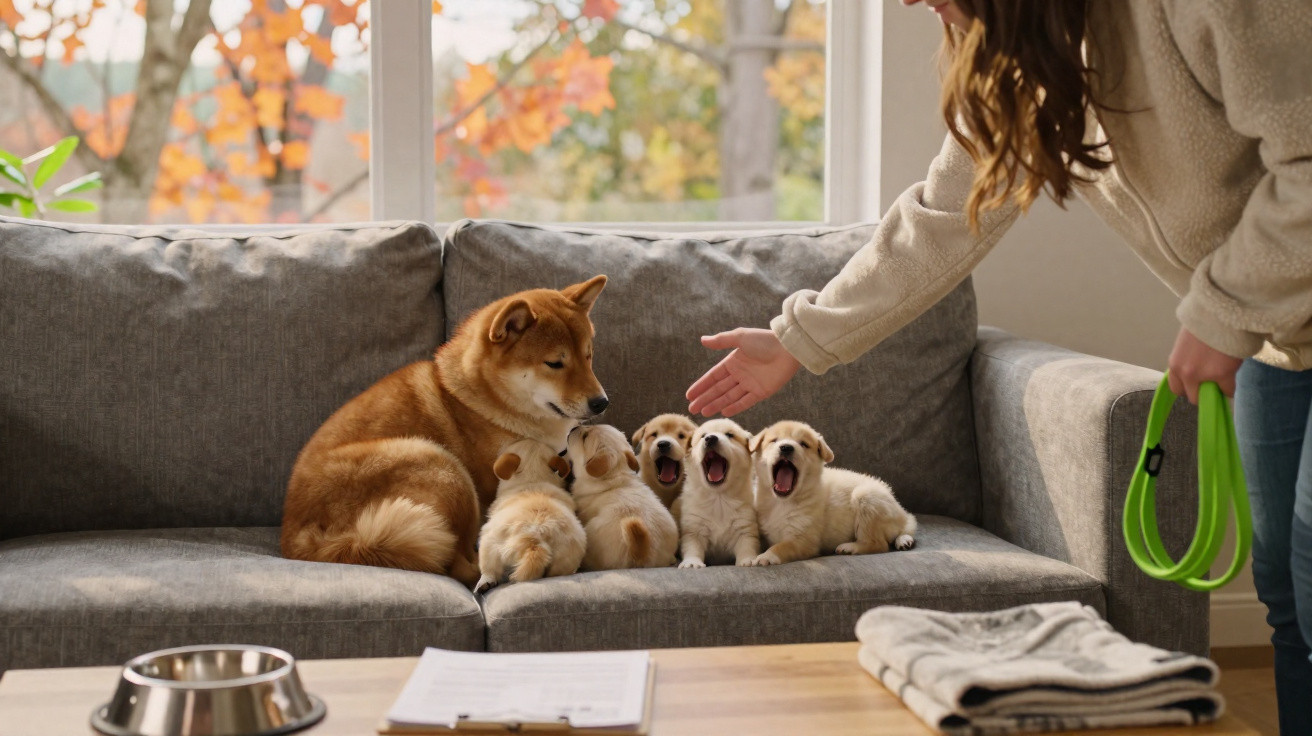 Cachorro adulto e quatro filhotes no sofá, com pessoa estendendo a mão e segurando coleira verde.