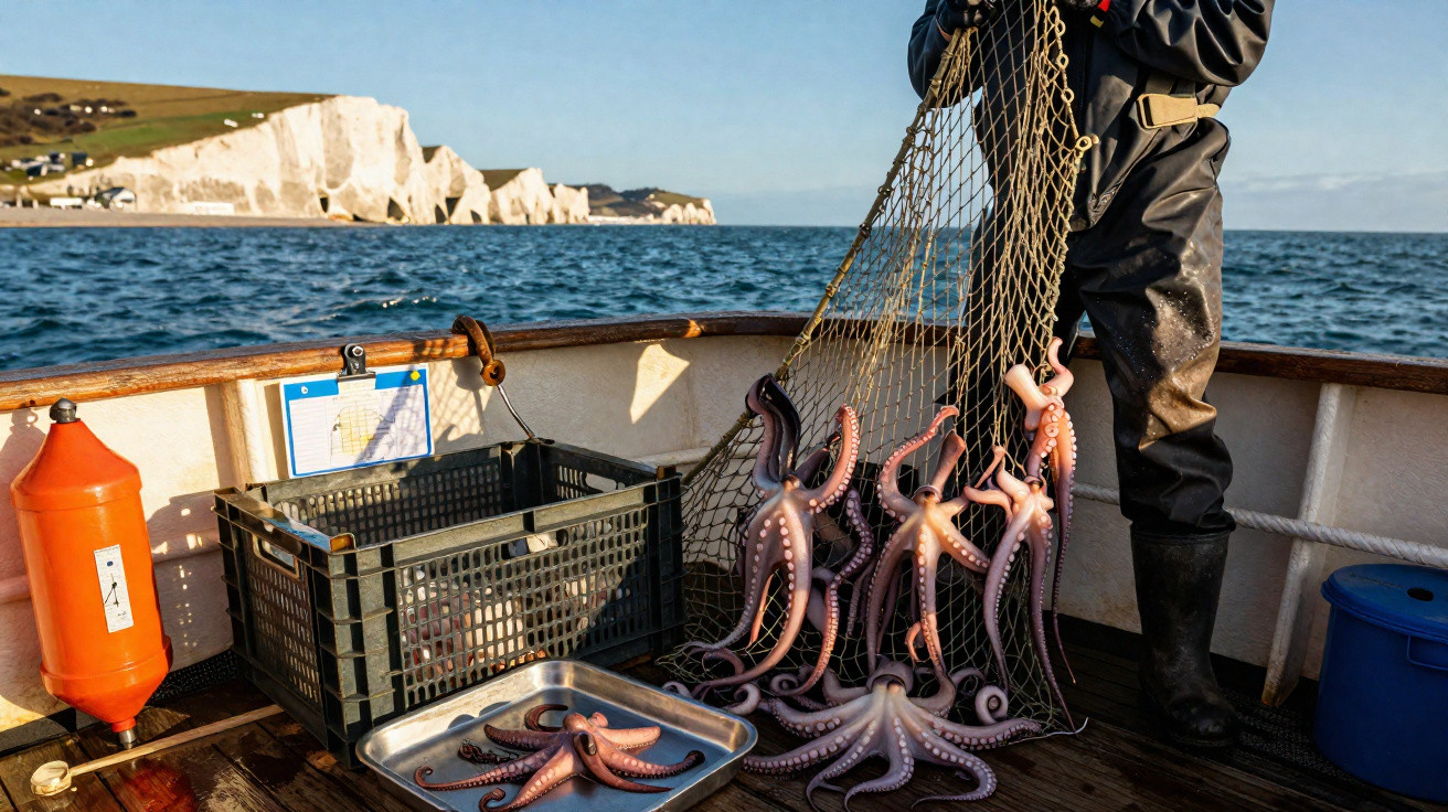 Pescador segura rede com polvos frescos dentro de barco, com falésias brancas ao fundo e mar calmo.