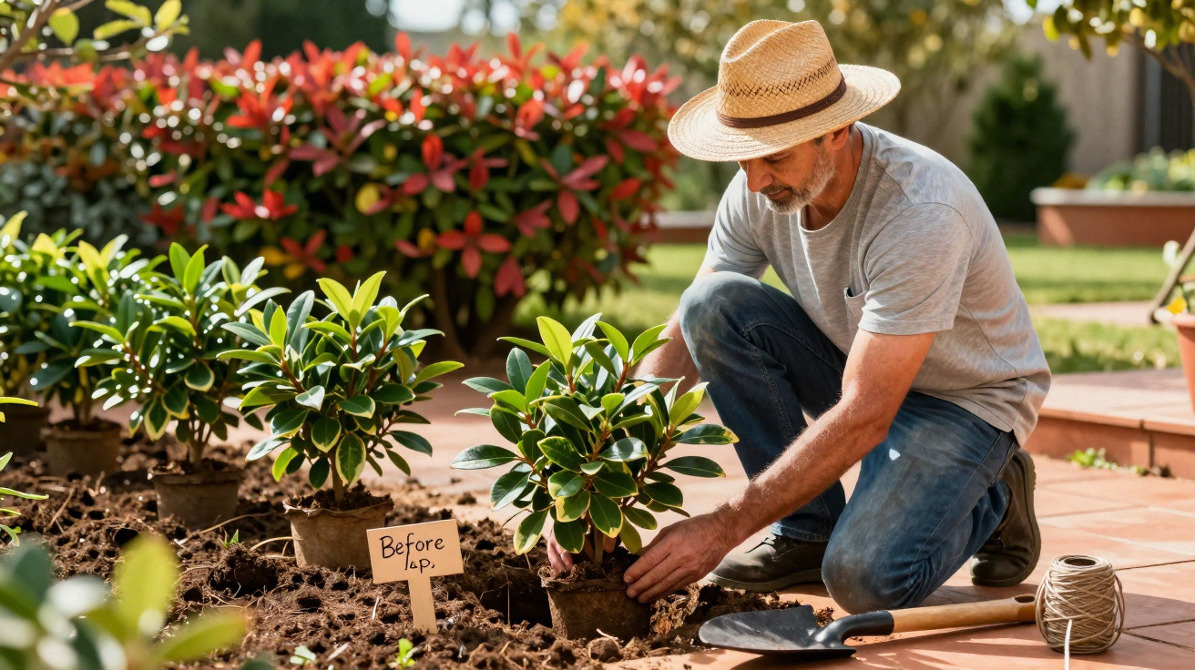 Homem de chapéu plantando muda de arbusto em jardim ensolarado com flores ao fundo.