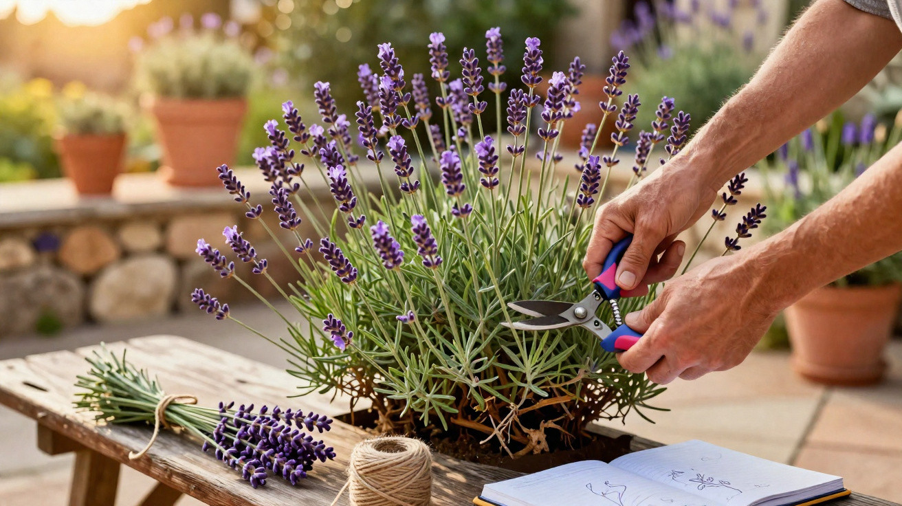 Pessoa podando flores de lavanda com tesoura em jardim ao ar livre ao pôr do sol.