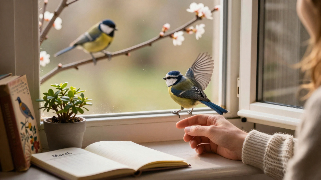 Pássaro pousando na mão de uma pessoa junto a janela com planta, livros e um pássaro em um galho florido.