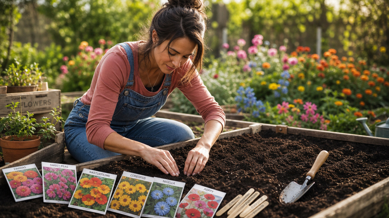Mulher plantando sementes em canteiro com pacotes de flores e ferramentas ao redor em jardim colorido.