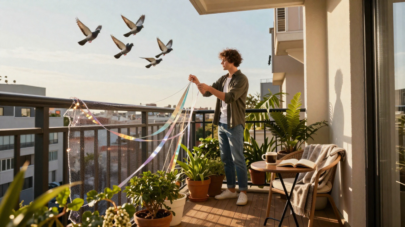 Jovem solta pombos no terraço de apartamento com plantas e decoração aconchegante ao pôr do sol.