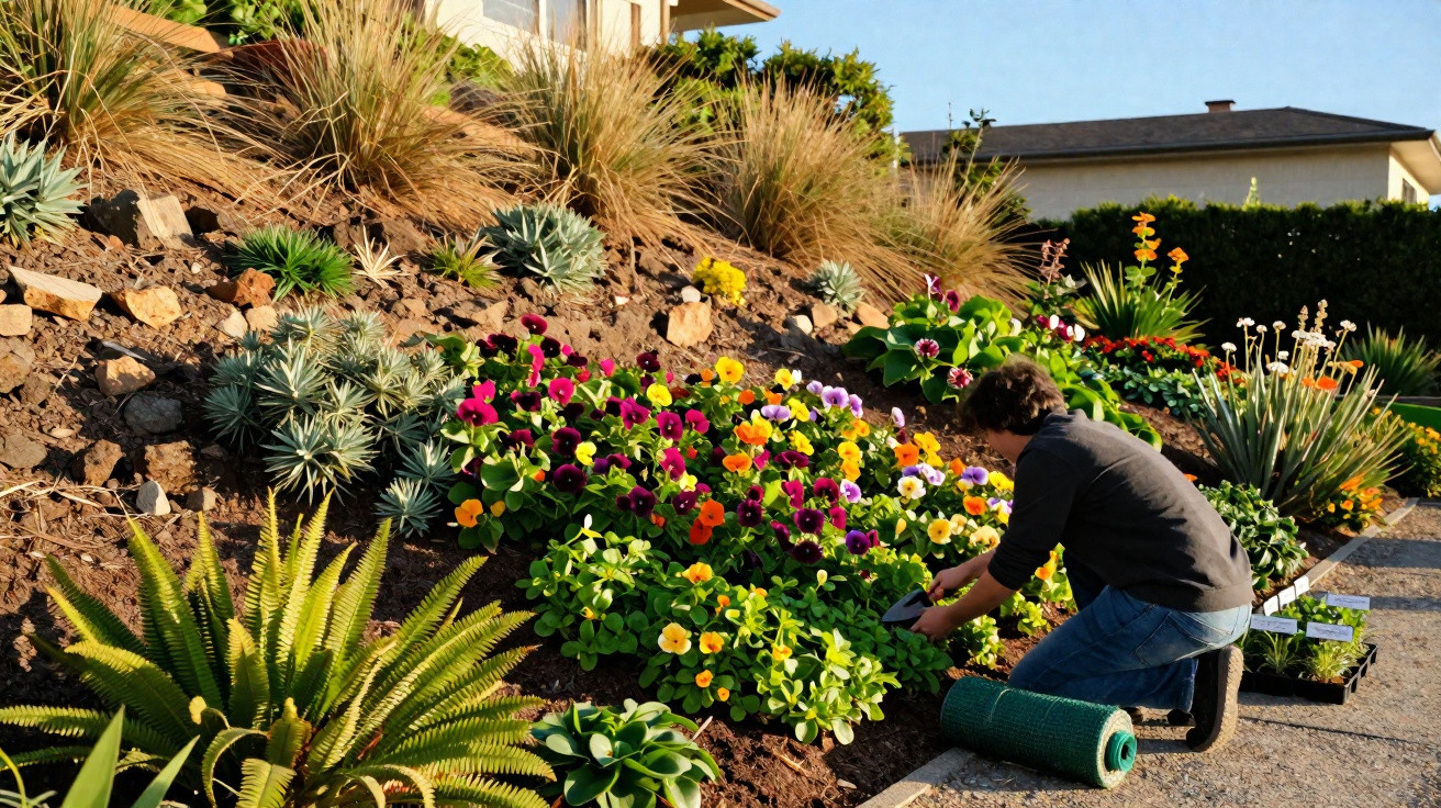Pessoa cuidando de um jardim com flores coloridas e plantas em uma encosta ensolarada.