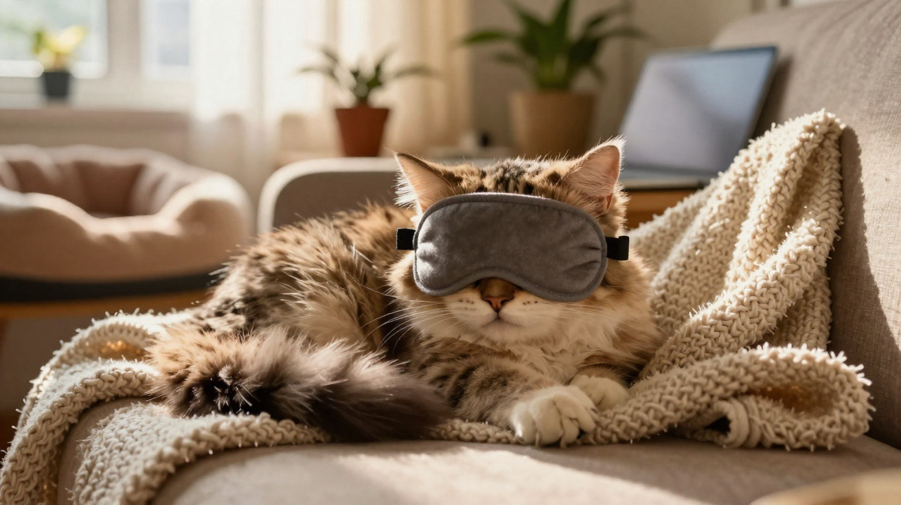 Gato com máscara de dormir cinza descansando sobre cobertor bege em sofá iluminado pela luz do sol.