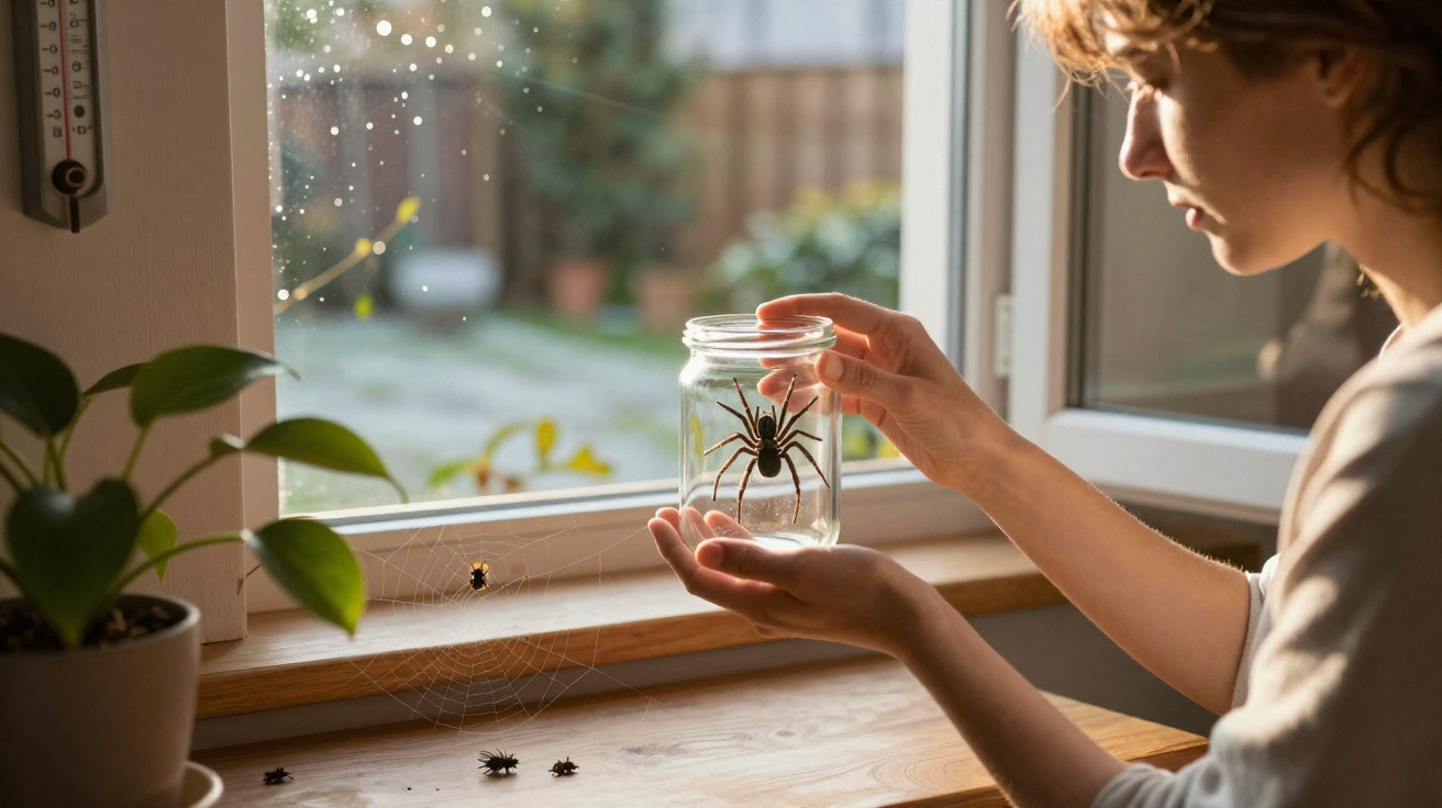 Pessoa segurando pote transparente com aranha dentro próxima a uma janela ensolarada com planta ao lado.