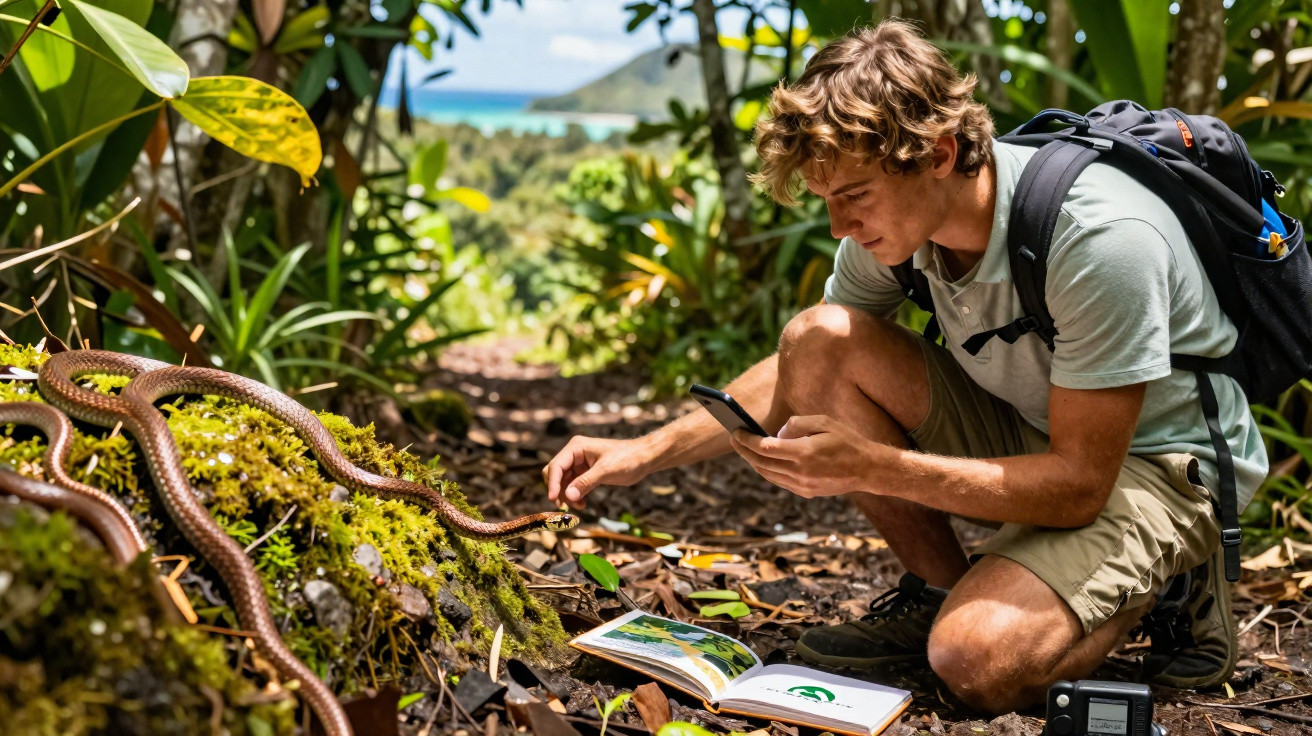 Jovem observando uma cobra na floresta, registrando com celular e livro aberto no chão.