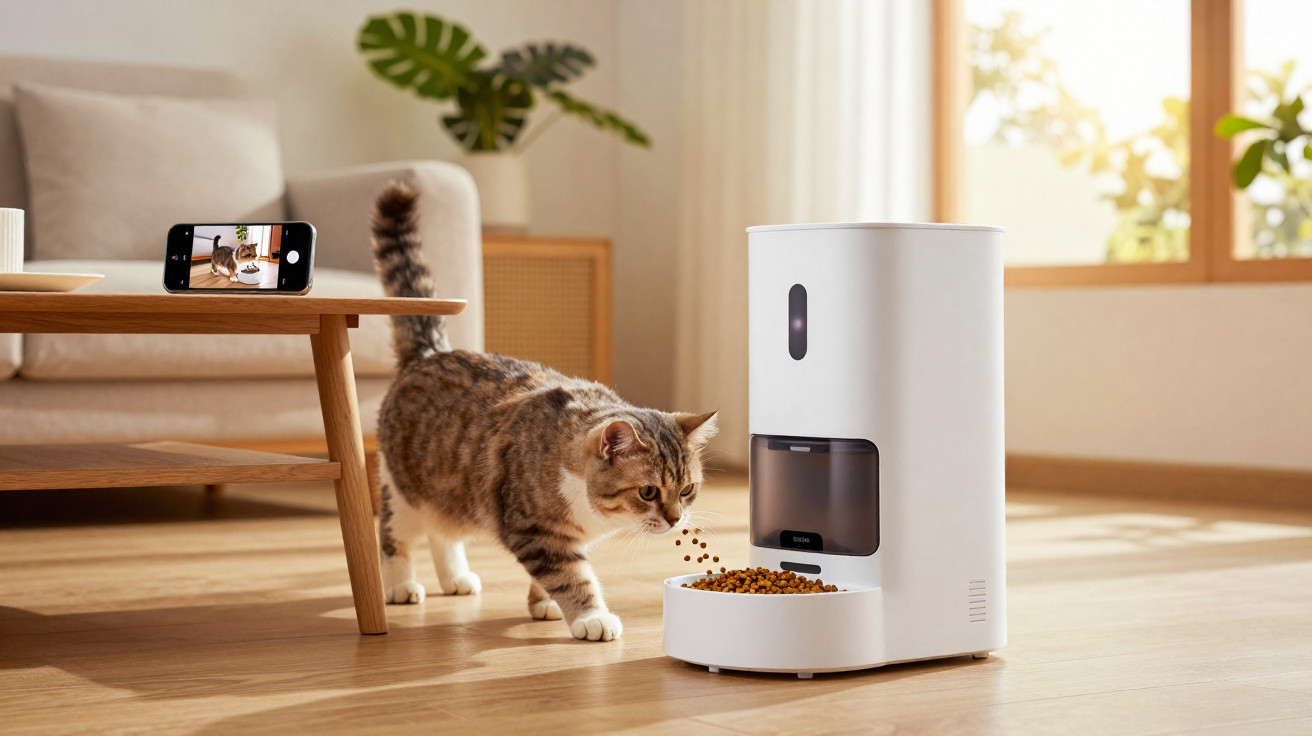 Gato se alimentando de comida seca em alimentador automático branco dentro de sala iluminada.