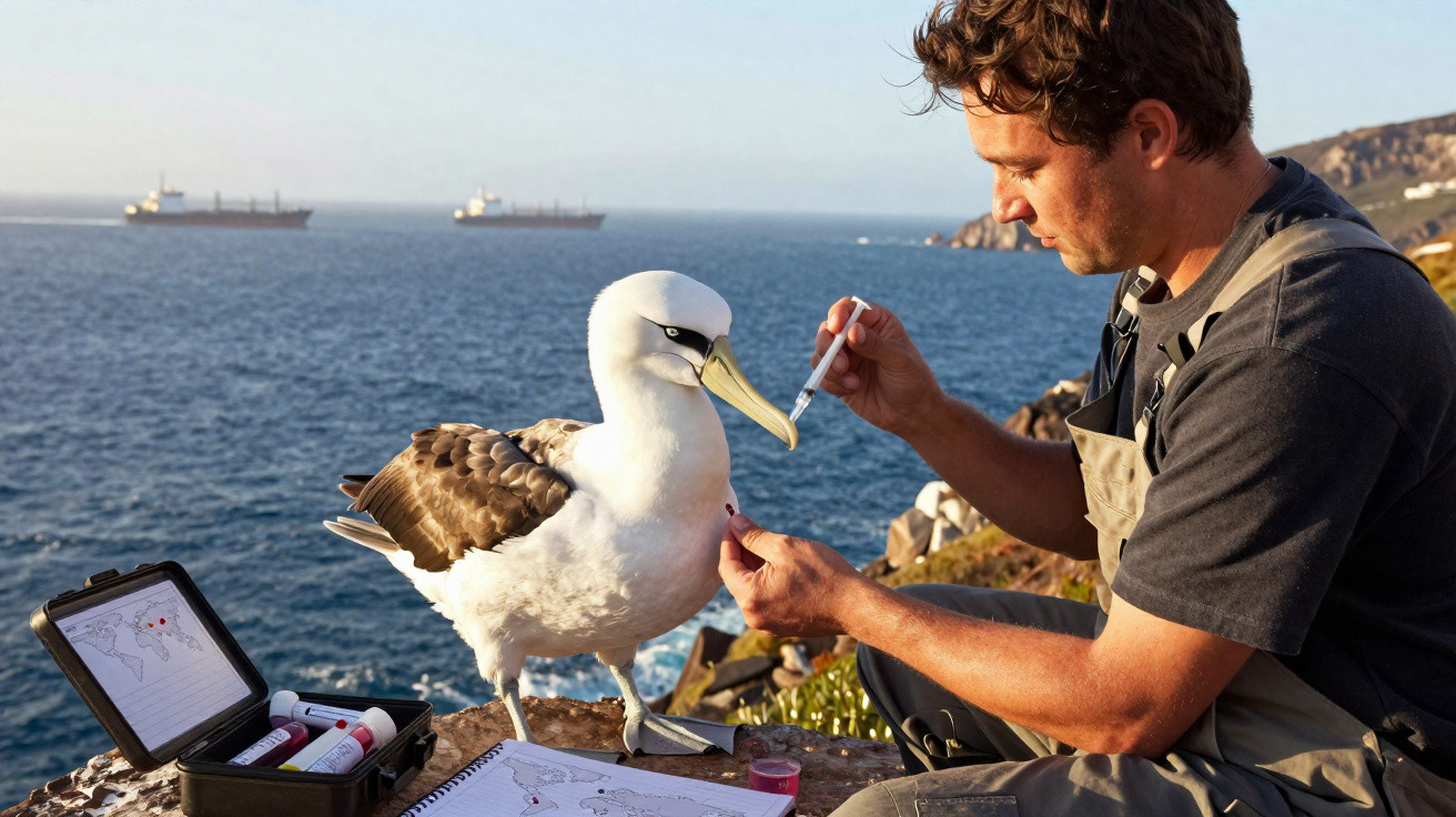 Homem aplicando medicamento em ave marinha branca em penhasco com mar e navios ao fundo.