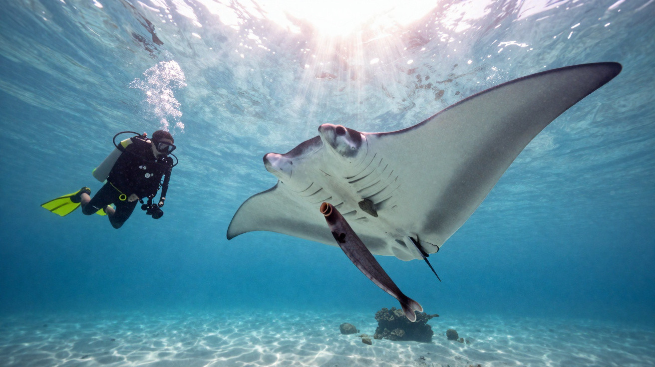 Mergulhador acompanha arraia gigante nadando em águas claras e ensolaradas, fundo arenoso com corais.