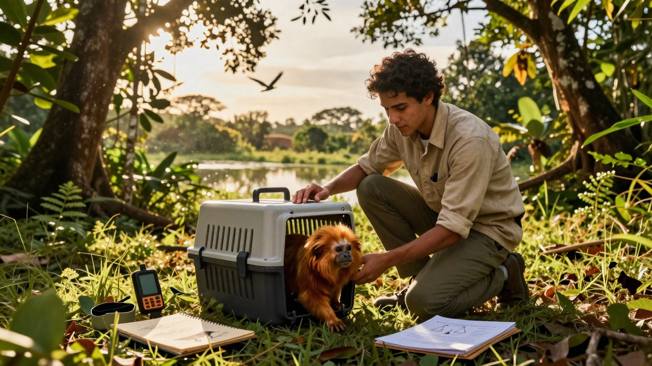 Jovem liberando um pequeno macaco de uma caixa de transporte em área verde perto de um lago.