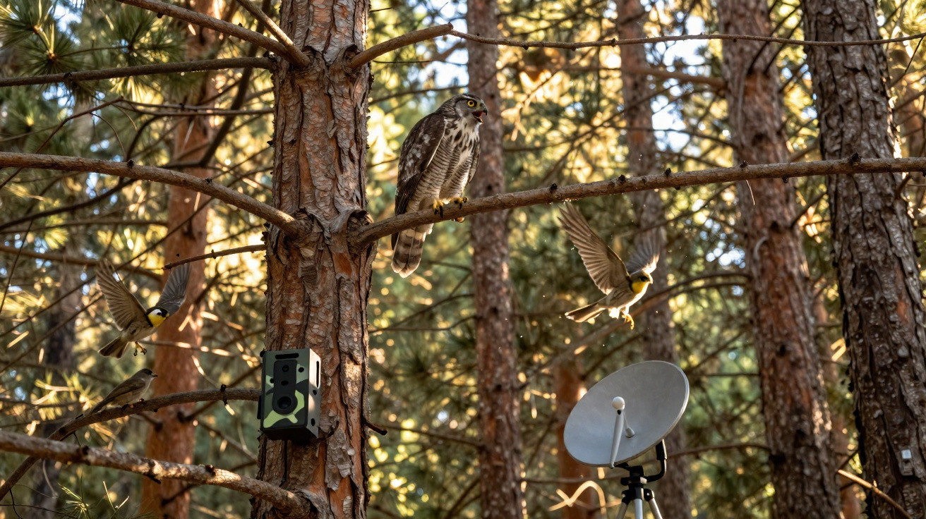 Coruja empoleirada em galho de árvore em floresta com pássaros voando e equipamento de monitoramento instalado.
