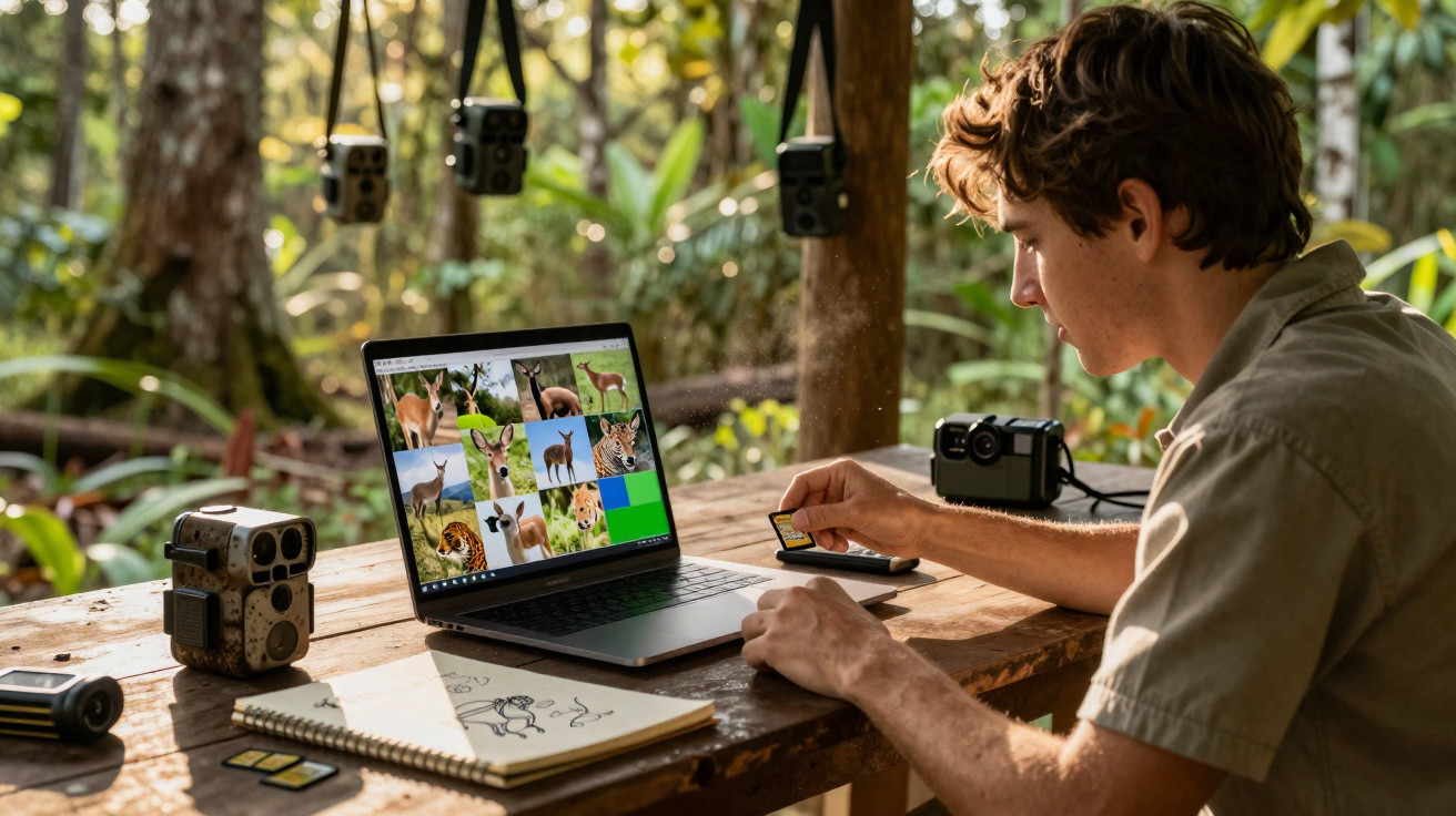 Jovem analisa fotos de animais em um laptop ao ar livre, com câmeras e cartão de memória na mesa de madeira.