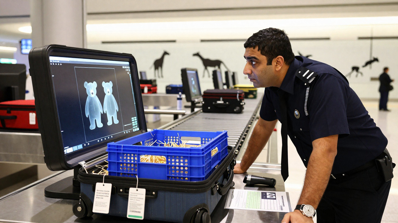 Agente de segurança aeroportuária inspeciona bagagem com imagens de urso em monitor de raio-x.
