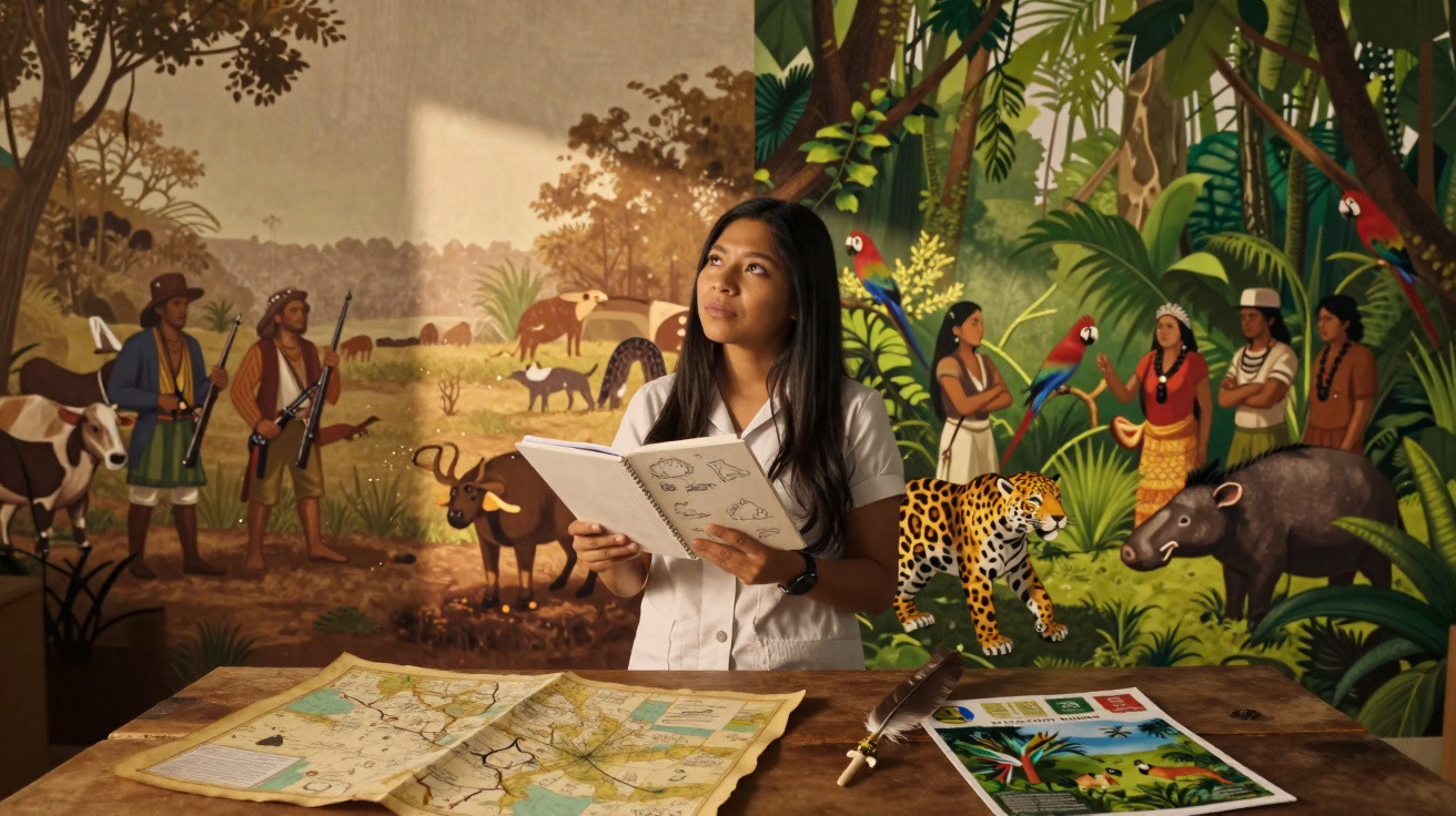 Jovem com caderno em mãos em frente a mural colorido com cenas da fauna e povos indígenas da floresta.
