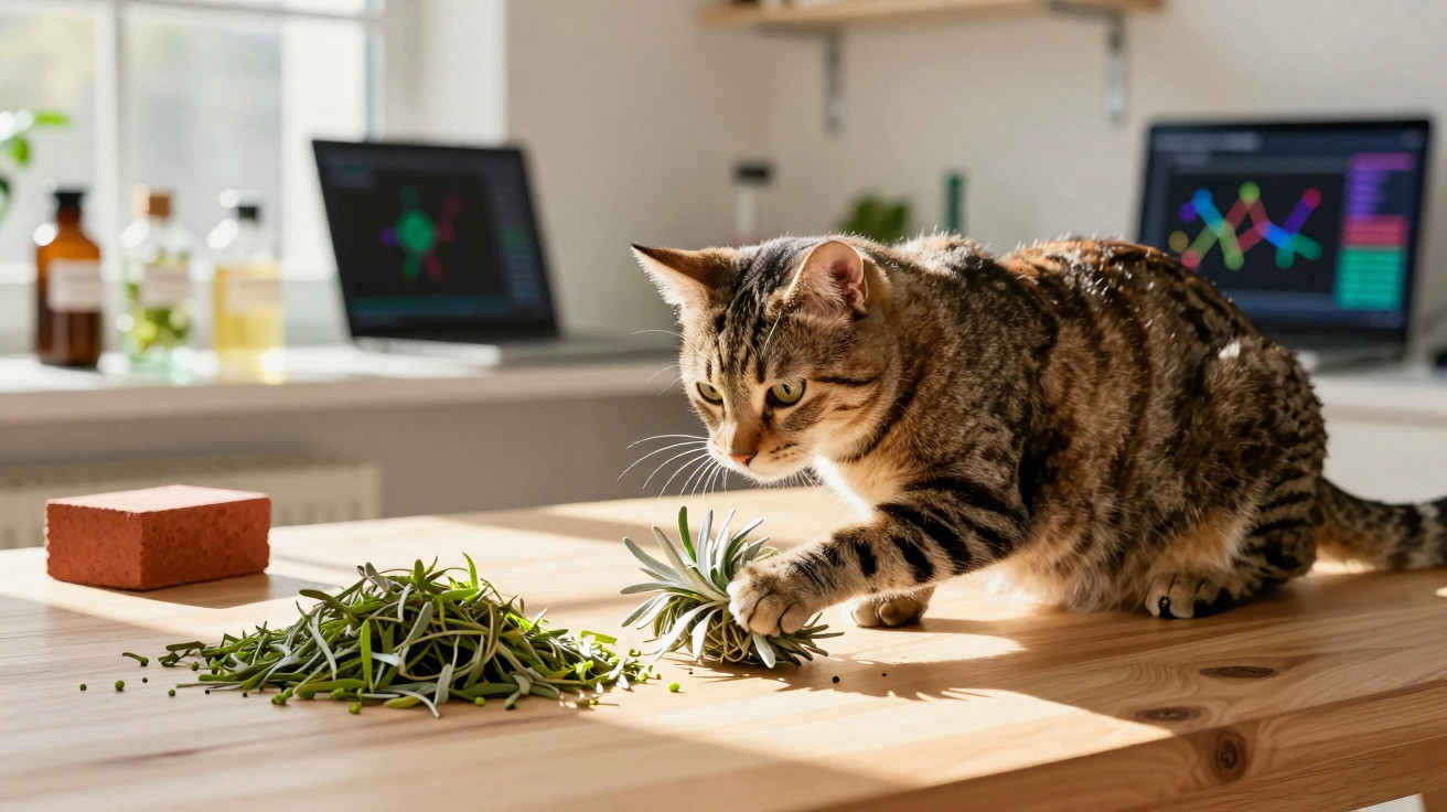 Gato cinza com listras brincando com plantas artificiais sobre mesa de madeira em escritório iluminado.