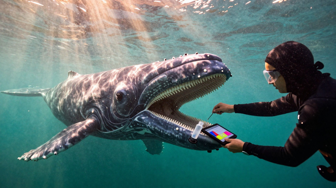 Mergulhador interage com uma baleia jubarte submersa em águas claras, tocando sua boca aberta.