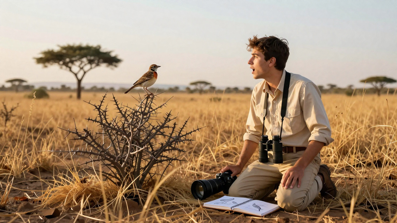 Jovem observador de pássaros ajoelhado na savana seca com binóculos e caderno, admirando um pássaro em arbusto.