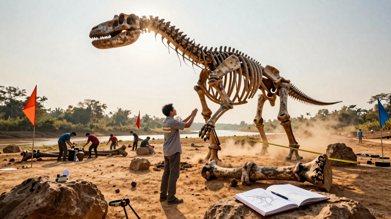 Pesquisadores escavam fósseis de dinossauro durante trabalho arqueológico ao ar livre em terreno seco.