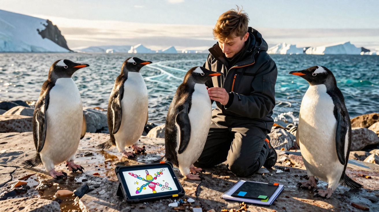 Jovem interage com pinguins Gentoo na Antártica, com tablet e caderno ao lado sobre pedras.