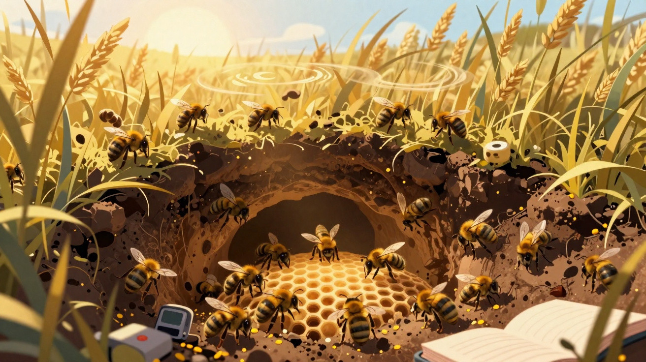 Abelhas voando e trabalhando dentro e fora de uma colmeia subterrânea em campo ensolarado.