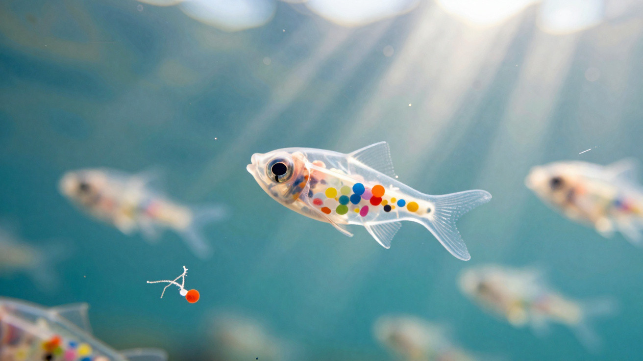 Peixe transparente com bolinhas coloridas no corpo nadando em aquário com luz suave entrando pela água.